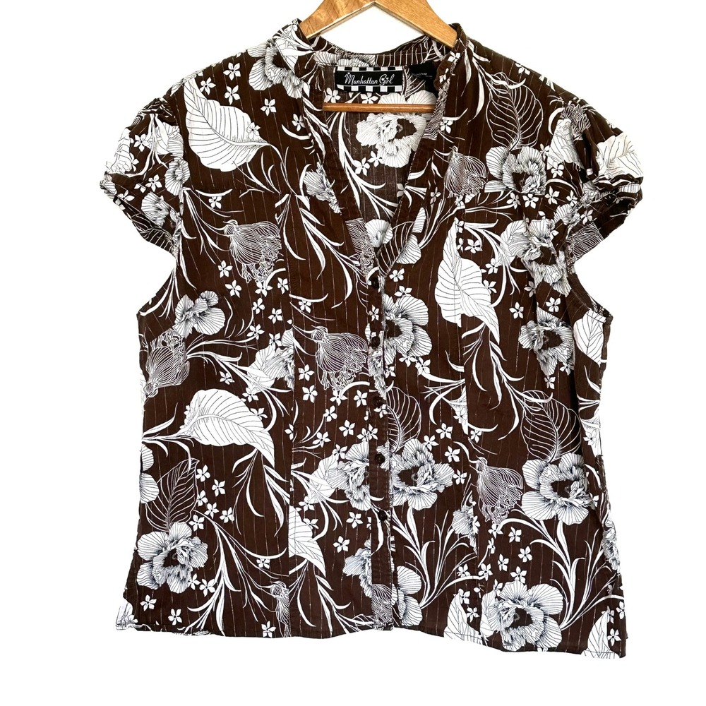 Manhattan Girl Shirt Women's Size 16W Brown Floral Cotton Short Sleeve Button Up